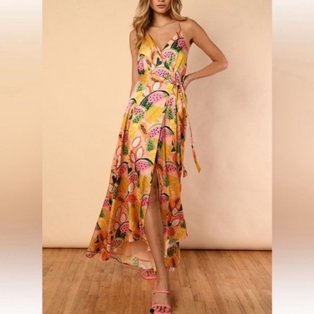 Anthropologie X Hutch high-low wrap fruit peach pink dress size Large petite